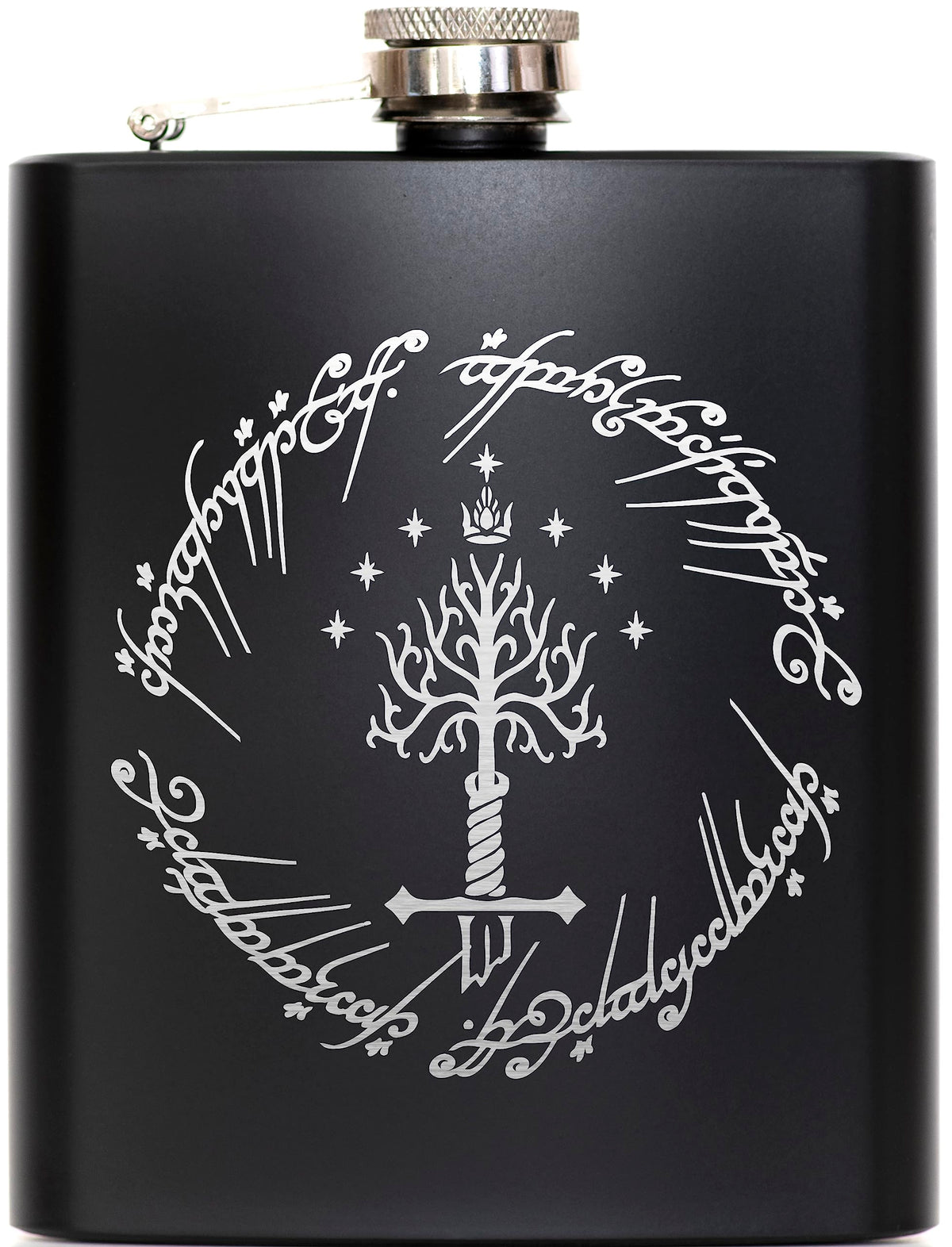 White Tree Black Hip Flask 7oz with One Ring engraving