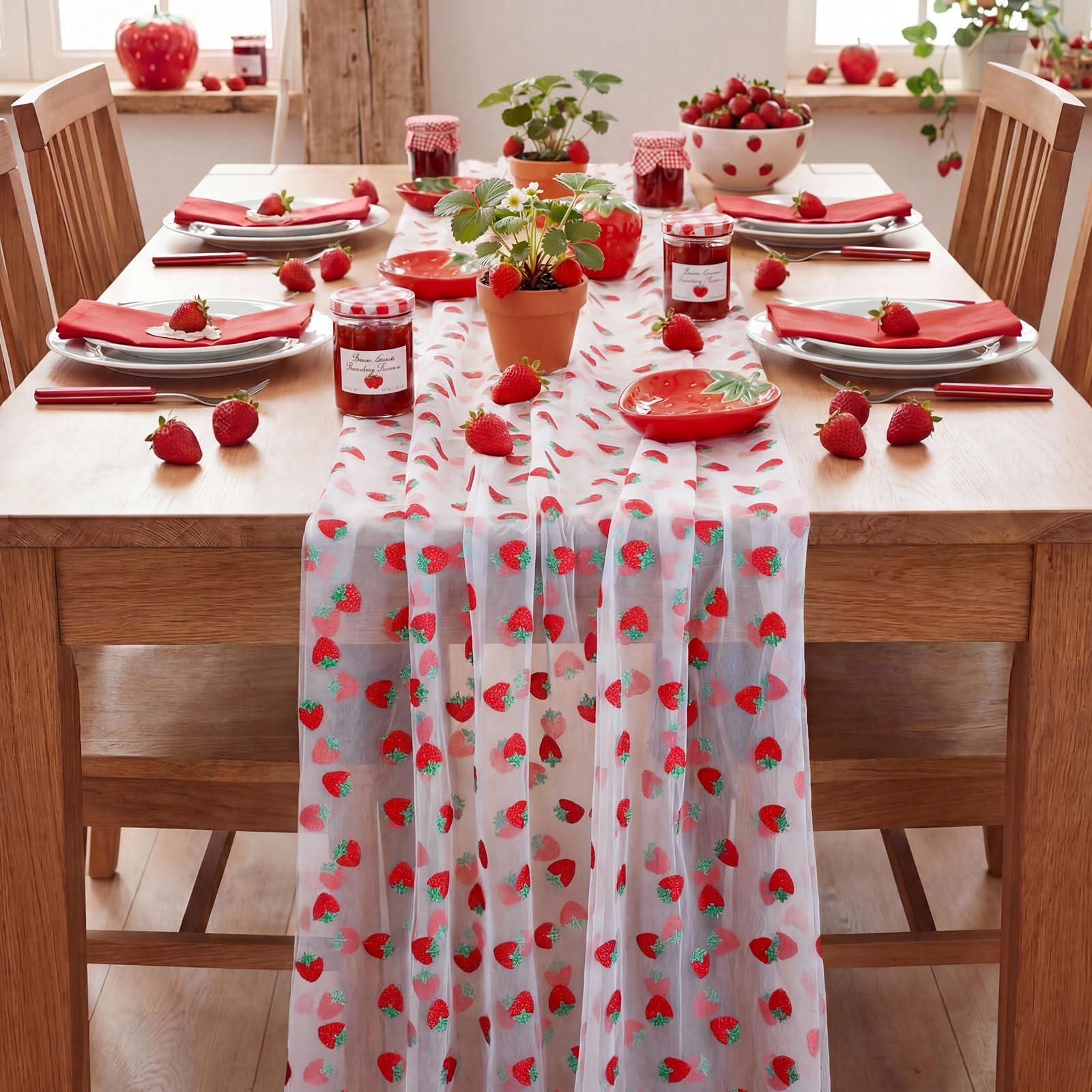 White tulle table runner 29x70 with strawberry pattern Windkream