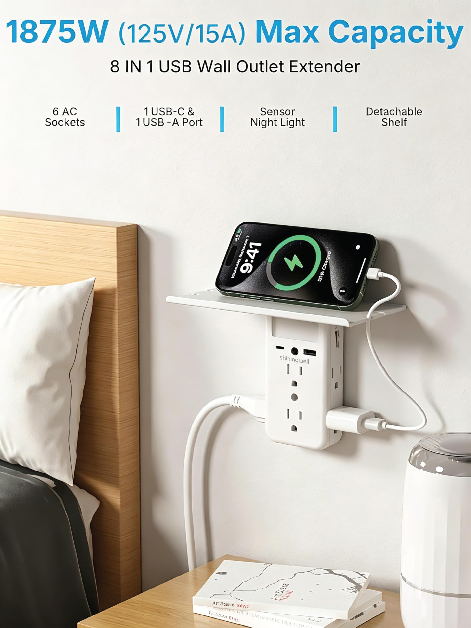 White color wall outlet extender mounted on a duplex outlet