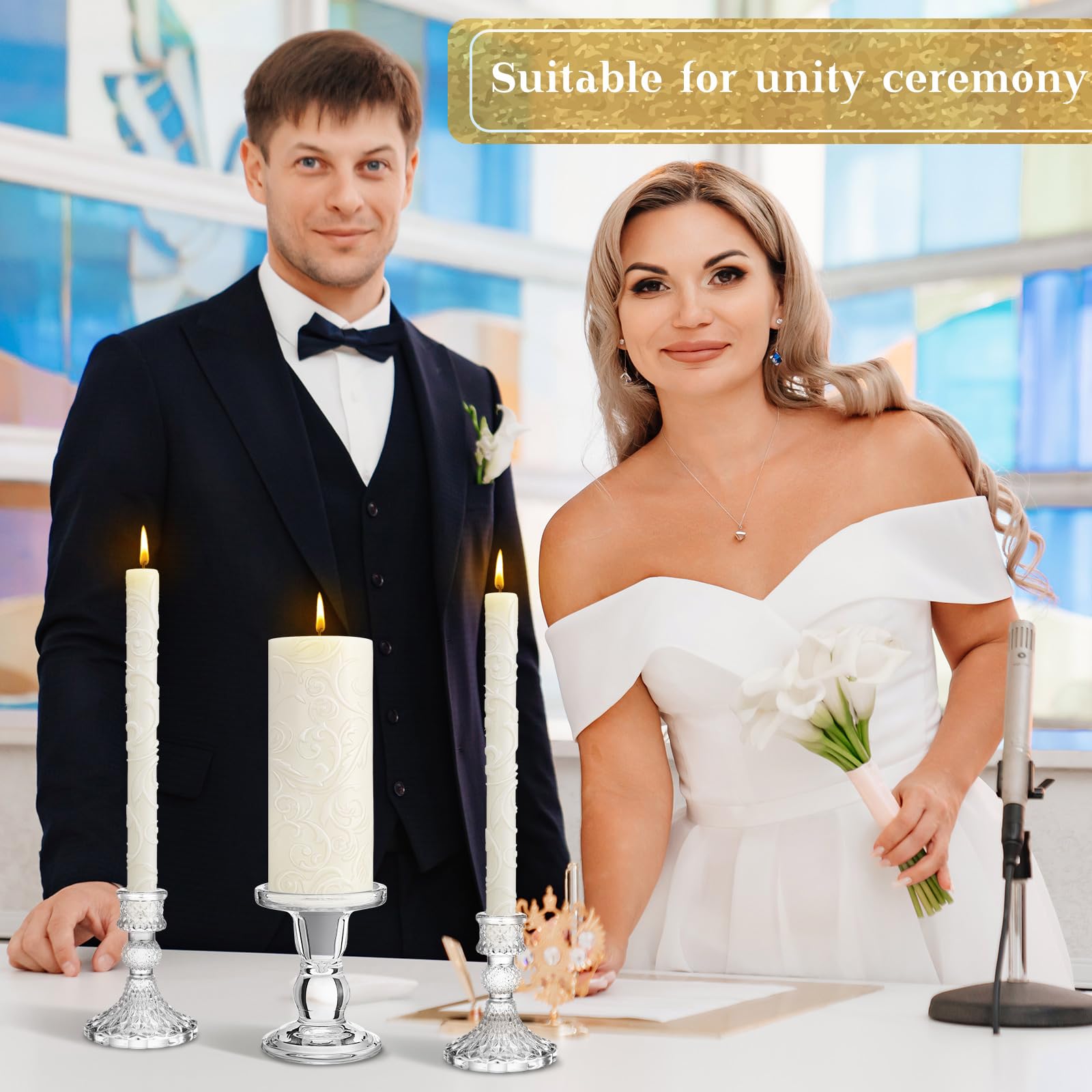 Wedding table centerpiece with unity candles and holders