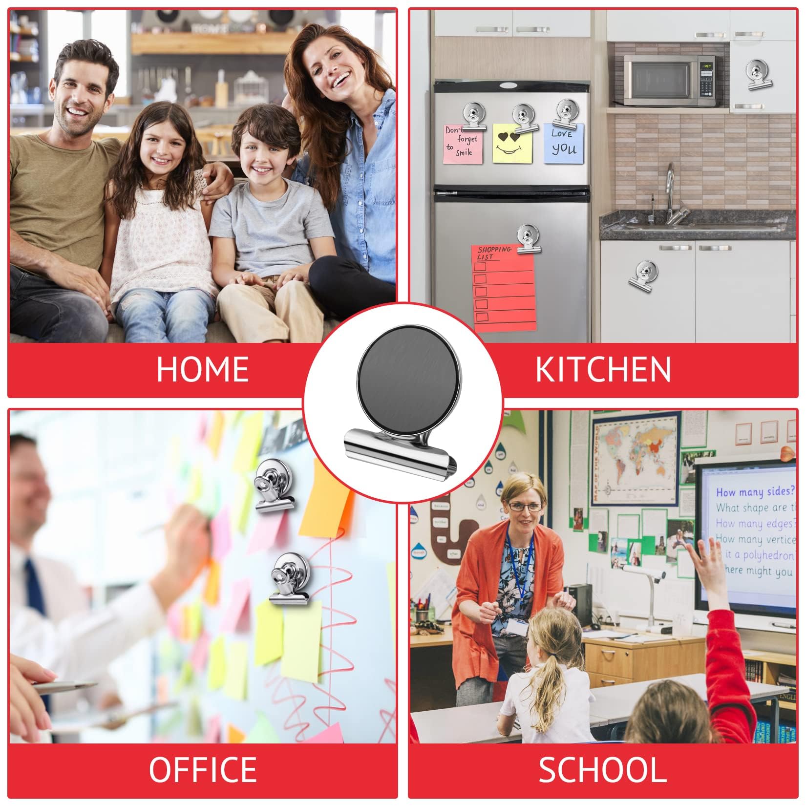 Kitchen and office magnetic clips on metal surfaces
