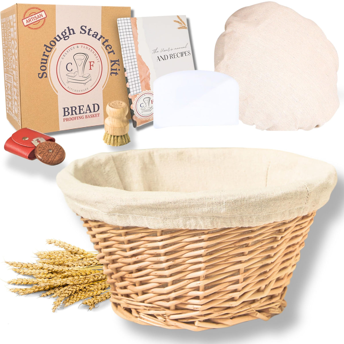 Wicker banneton bread proofing basket 9 inch round kit