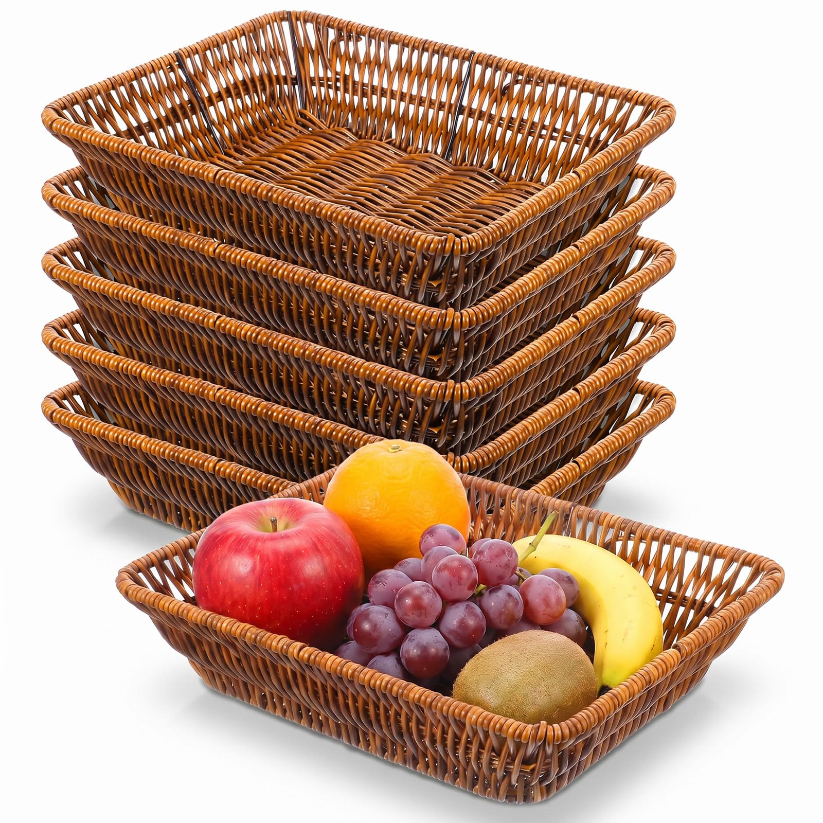 Six piece wicker bread baskets in brown rectangular display