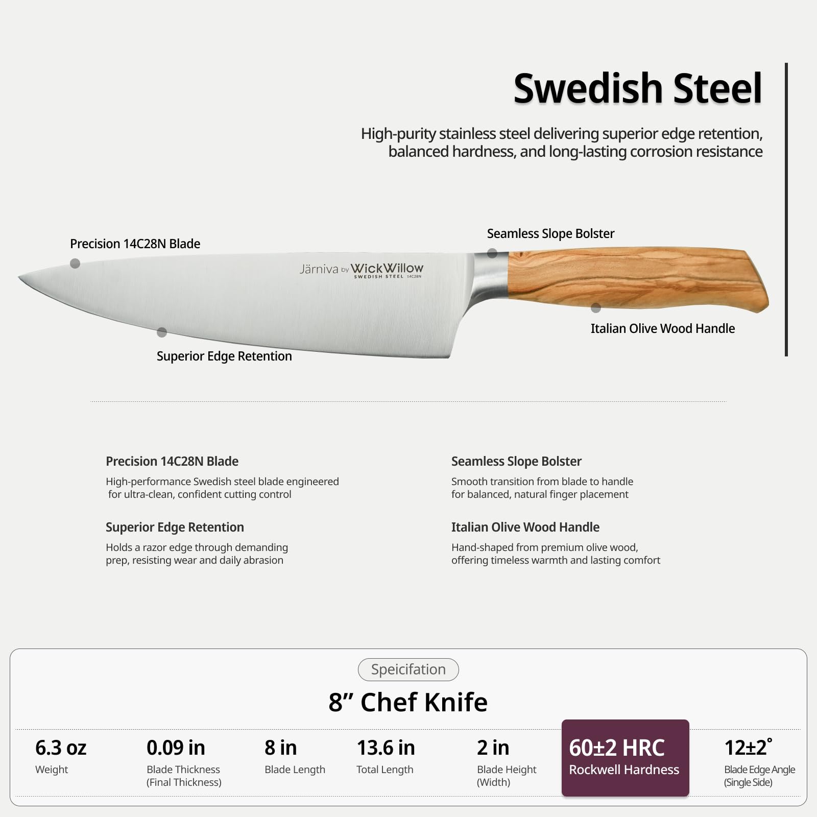 8 inch kitchen knife designed for meat and vegetables by WICKWILLOW