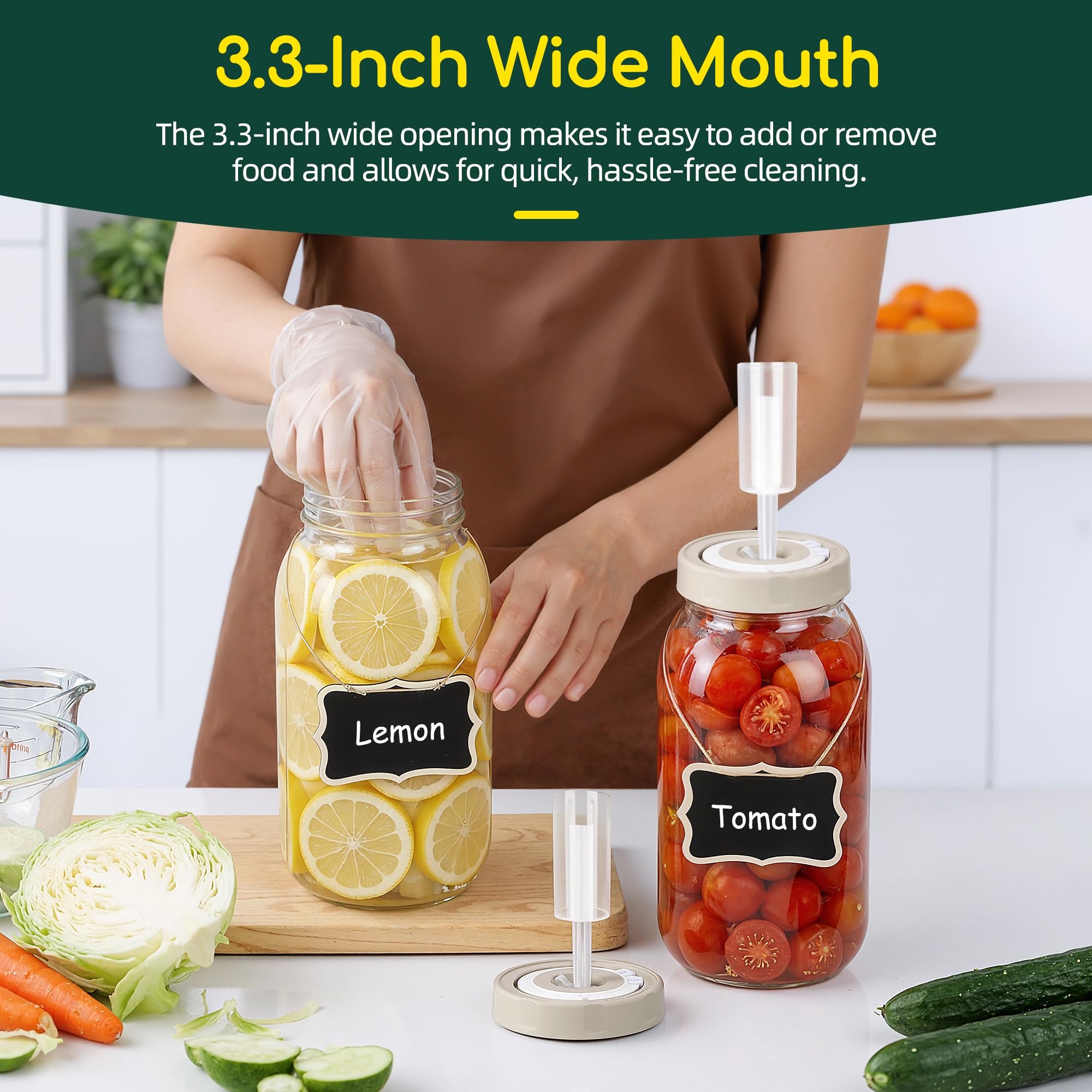 Wide mouth glass jars suitable for fermenting foods