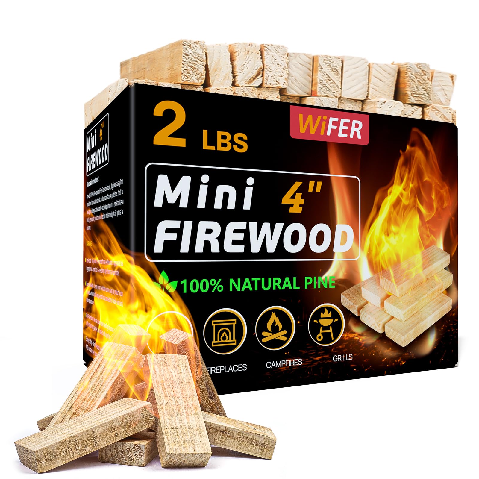 WiFER Mini Fire Stick 4 inch kiln dried pine firewood in 2 lb box