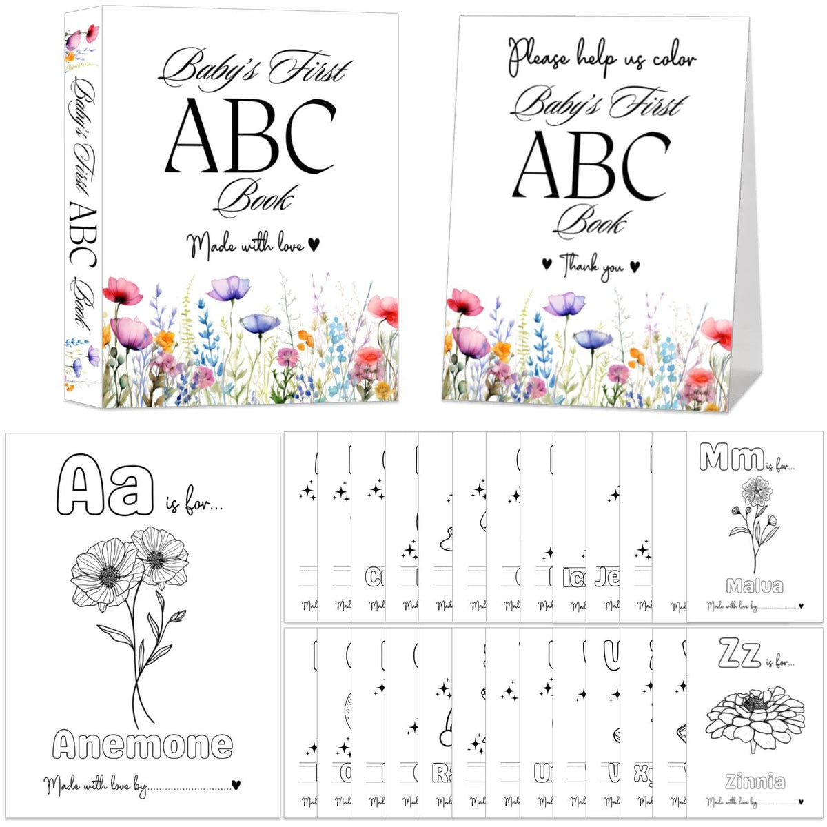 Wildflower Baby Shower ABC Coloring Book cover with floral design