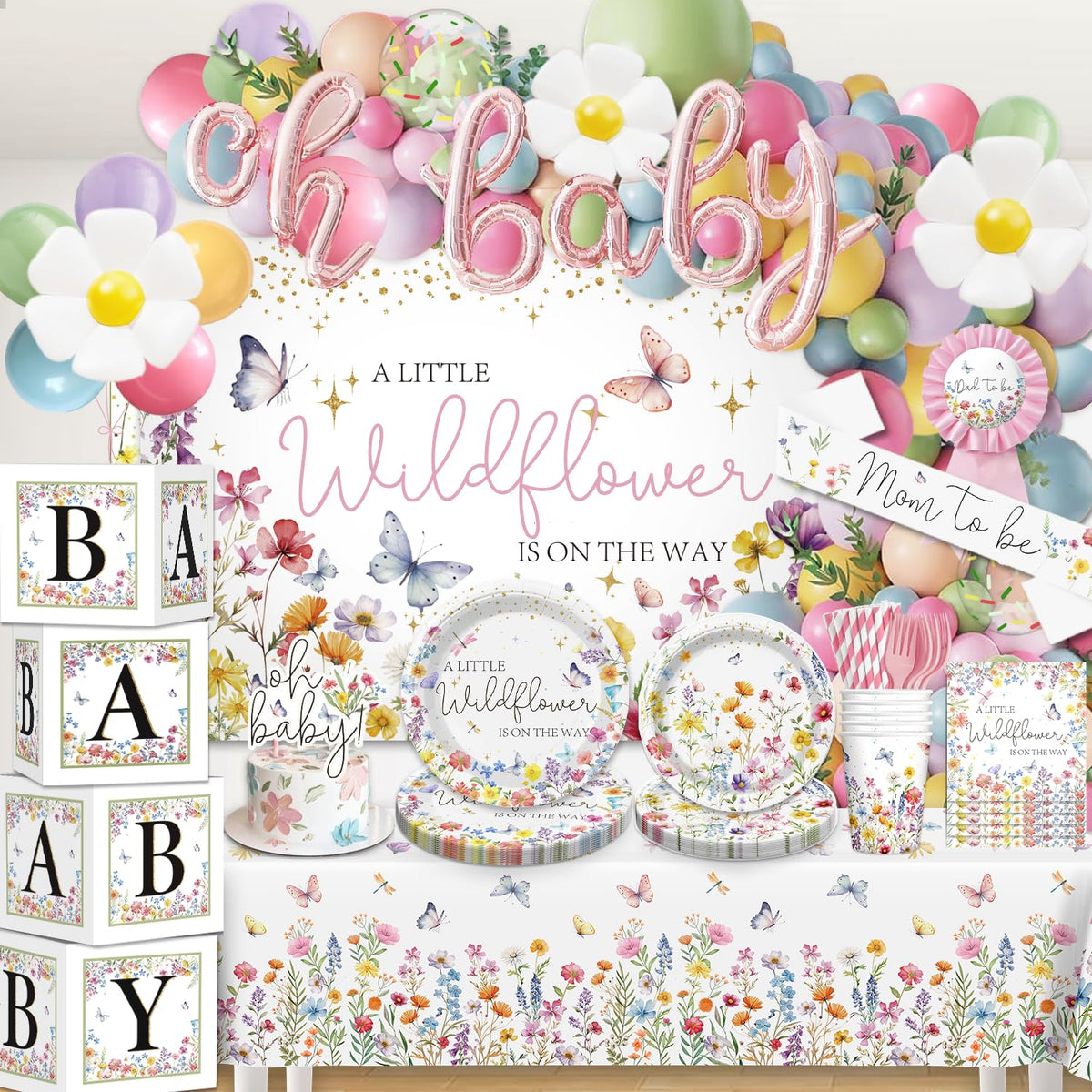 Wildflower baby shower decorations kit including balloons and cake topper