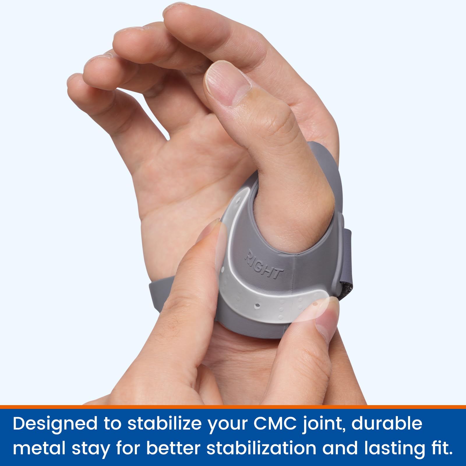 Embedded metal inserts on Willcom CMC Thumb Brace for secure base of thumb