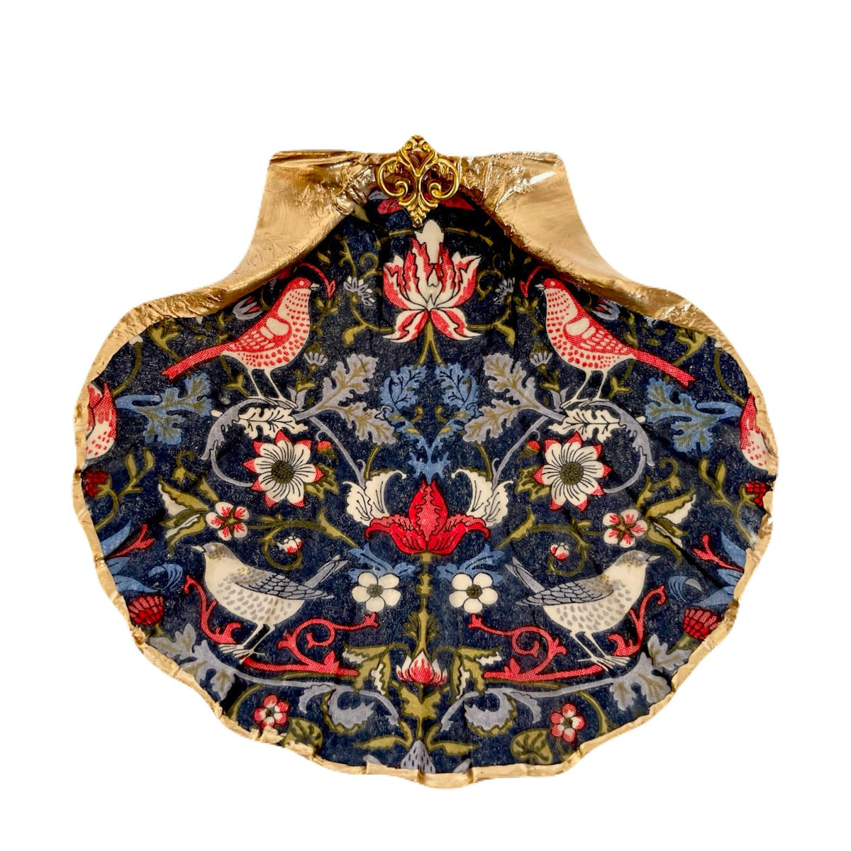 William Morris shell jewelry tray with Strawberry Thief design