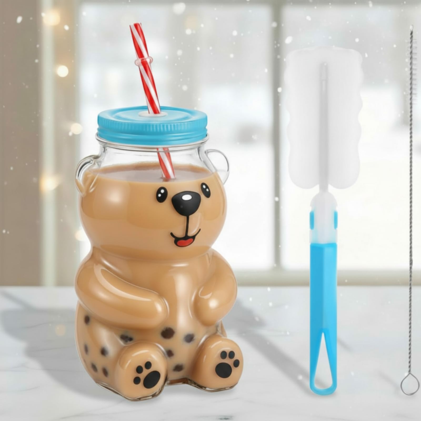 Willinglong bear straw cup 19oz red glass with lid