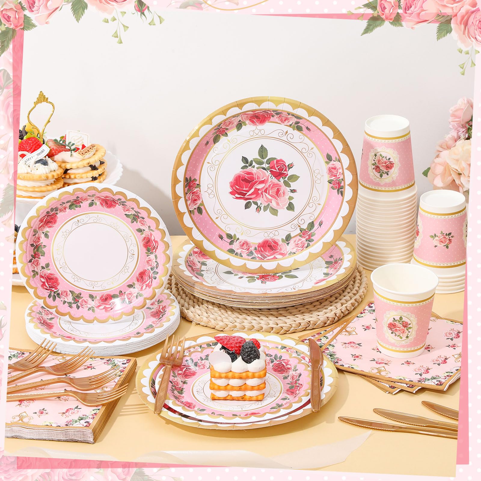 Floral 9 oz paper cups pink green gold accents