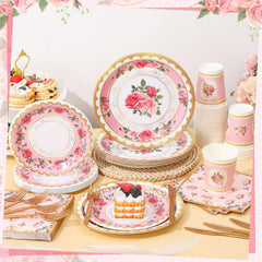 Floral 9 oz paper cups pink green gold accents