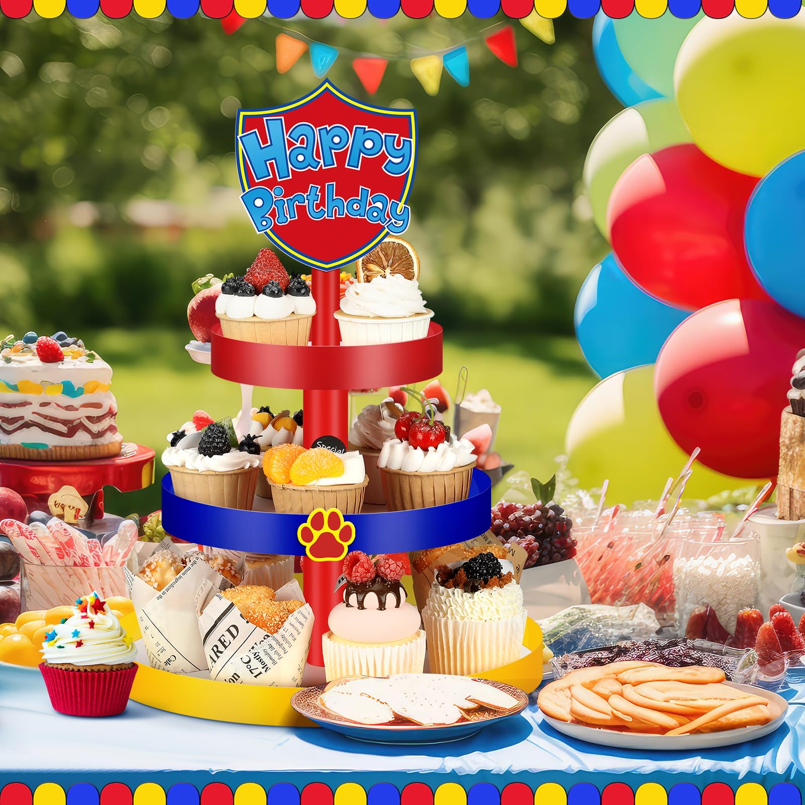 Happy Birthday shield topper on Willinglong cupcake stand