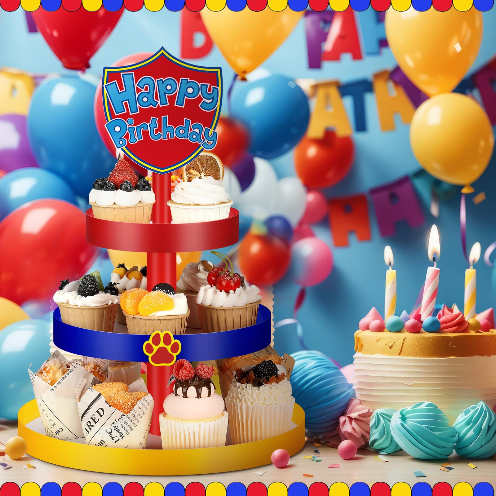 Willinglong dog themed party cupcake stand setup with 3 tiers
