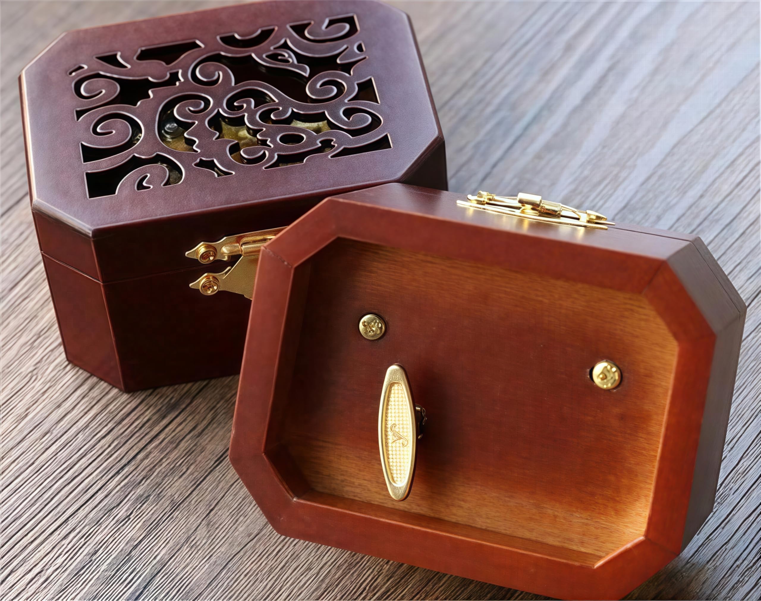 Antique carved wooden music box gift idea