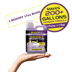 Water beading properties mentioned on BUGOFF windshield fluid label