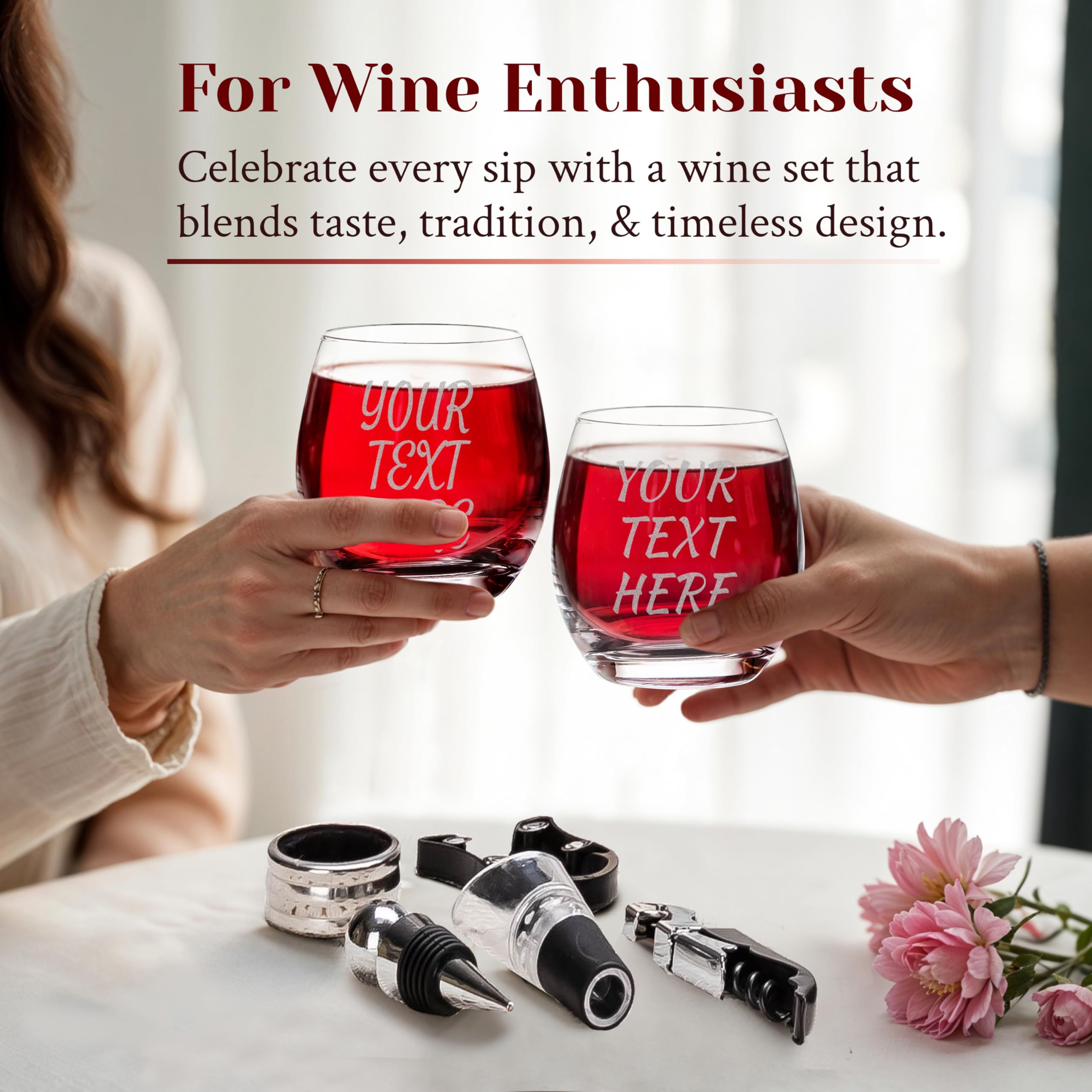 Two stemless wine glasses and wood gift box