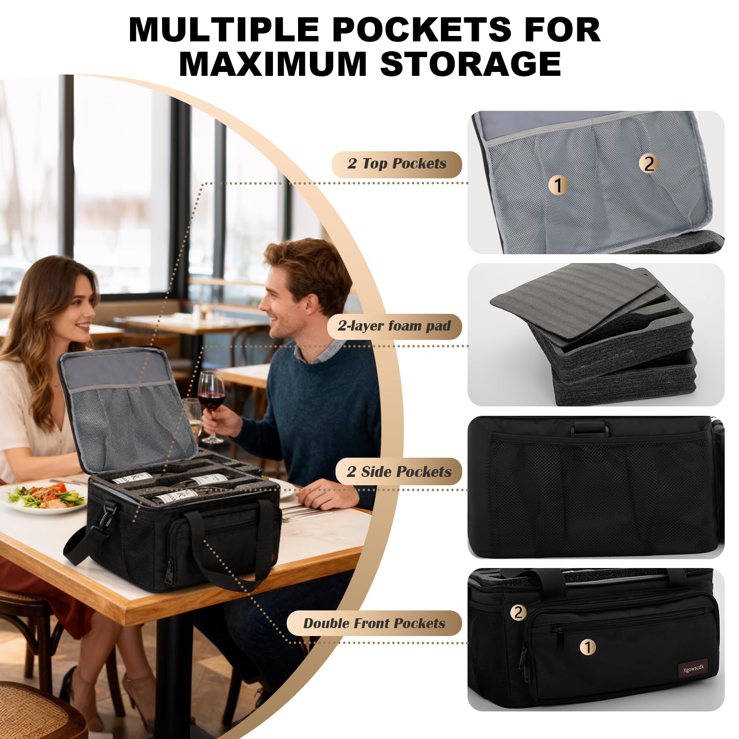 two zippered pockets and two mesh compartments for accessories