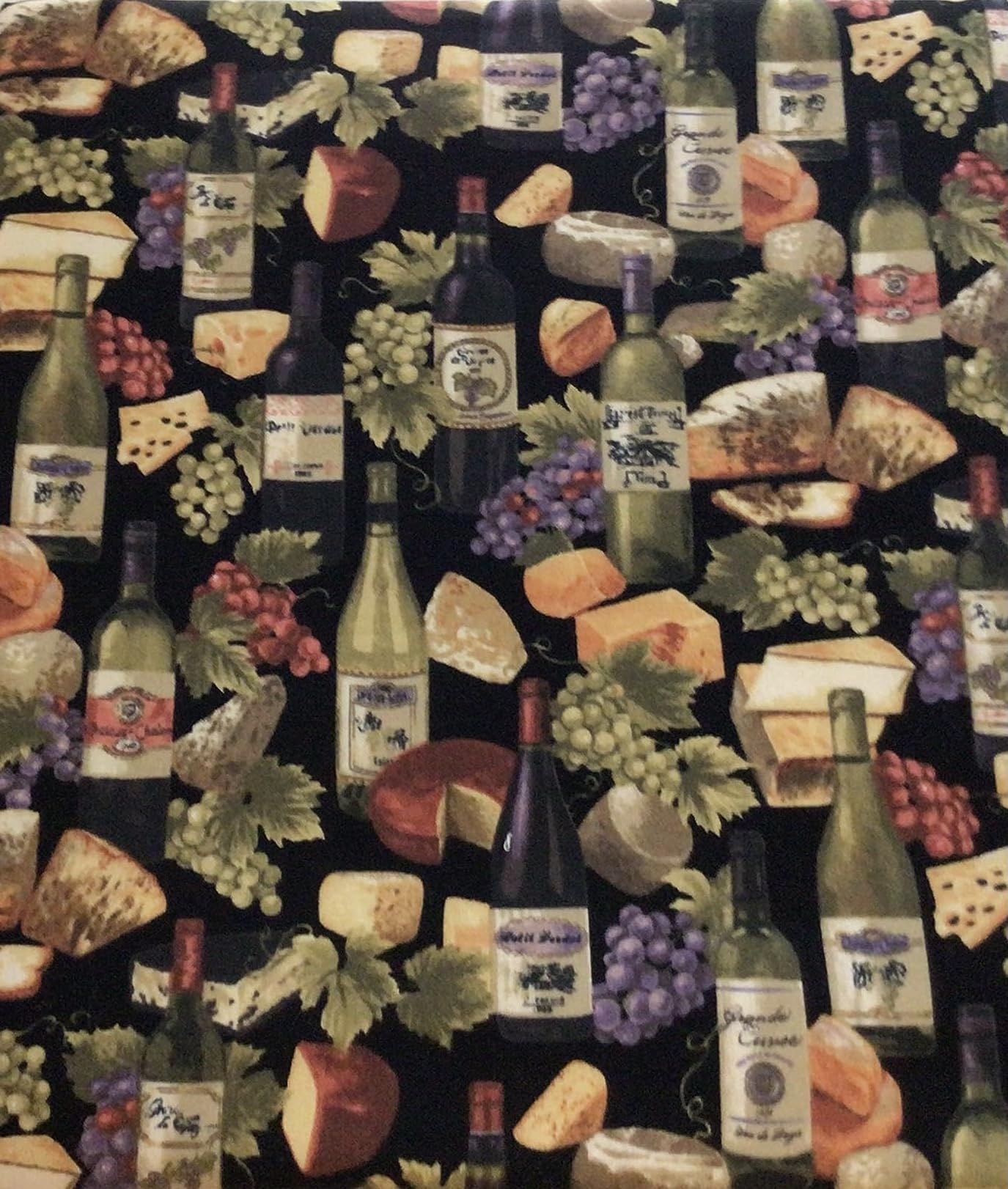 Print shows wine bottles grapes and cheese on black background