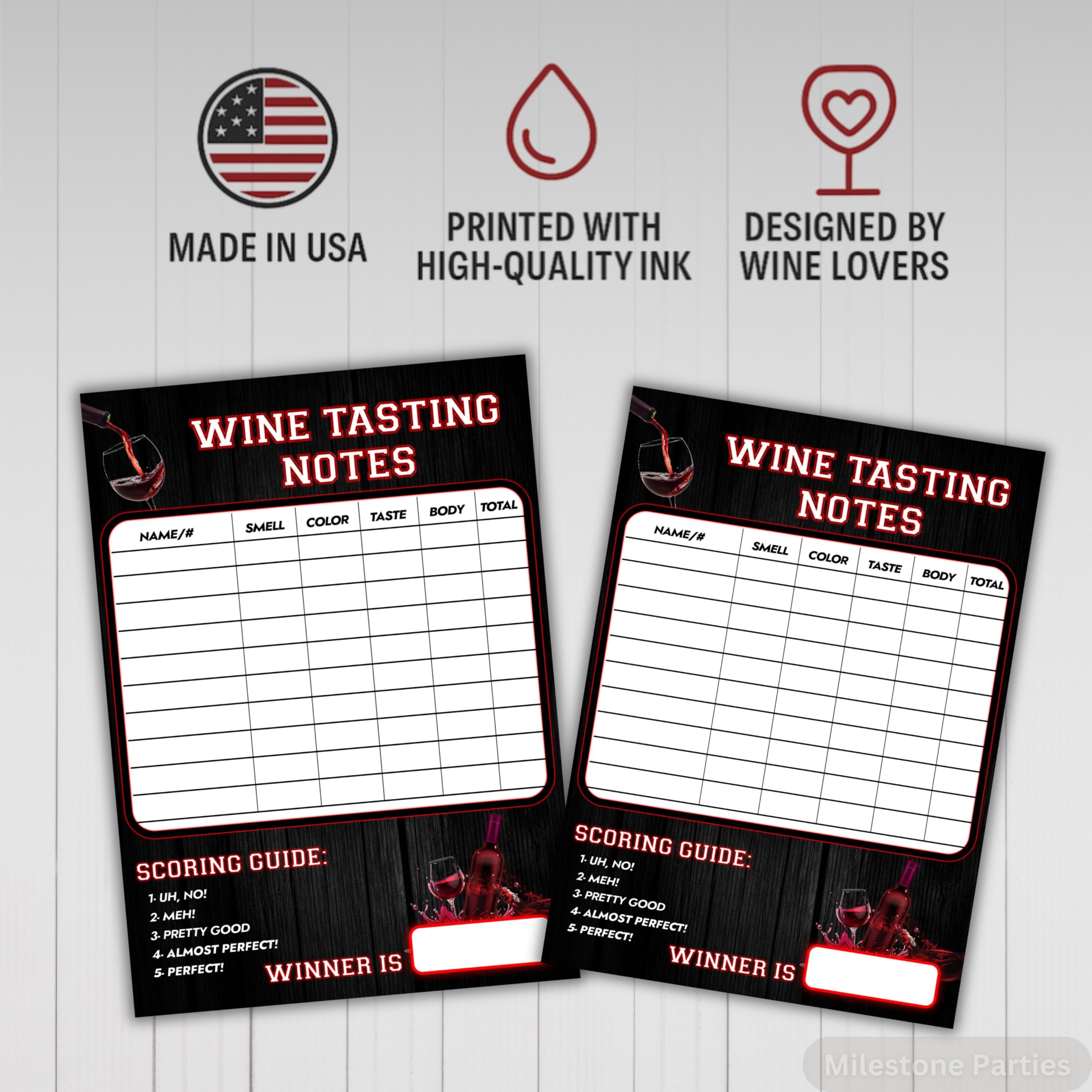 Gift ready wine tasting scorecards for parties