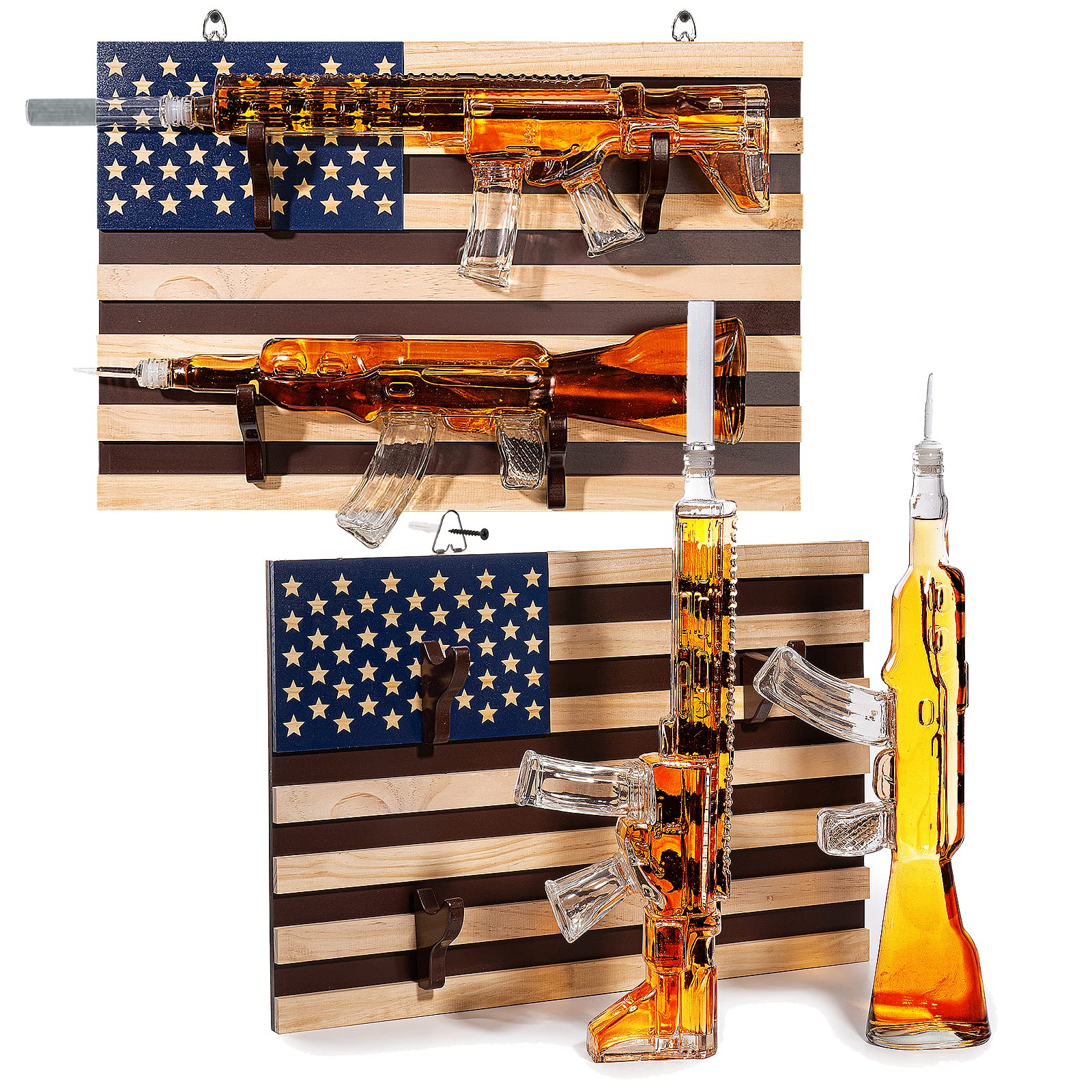 Wine Savant AR15 AK47 whiskey decanter set on wall rack