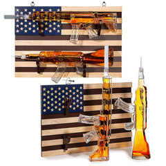 Wine Savant AR15 AK47 whiskey decanter set on wall rack