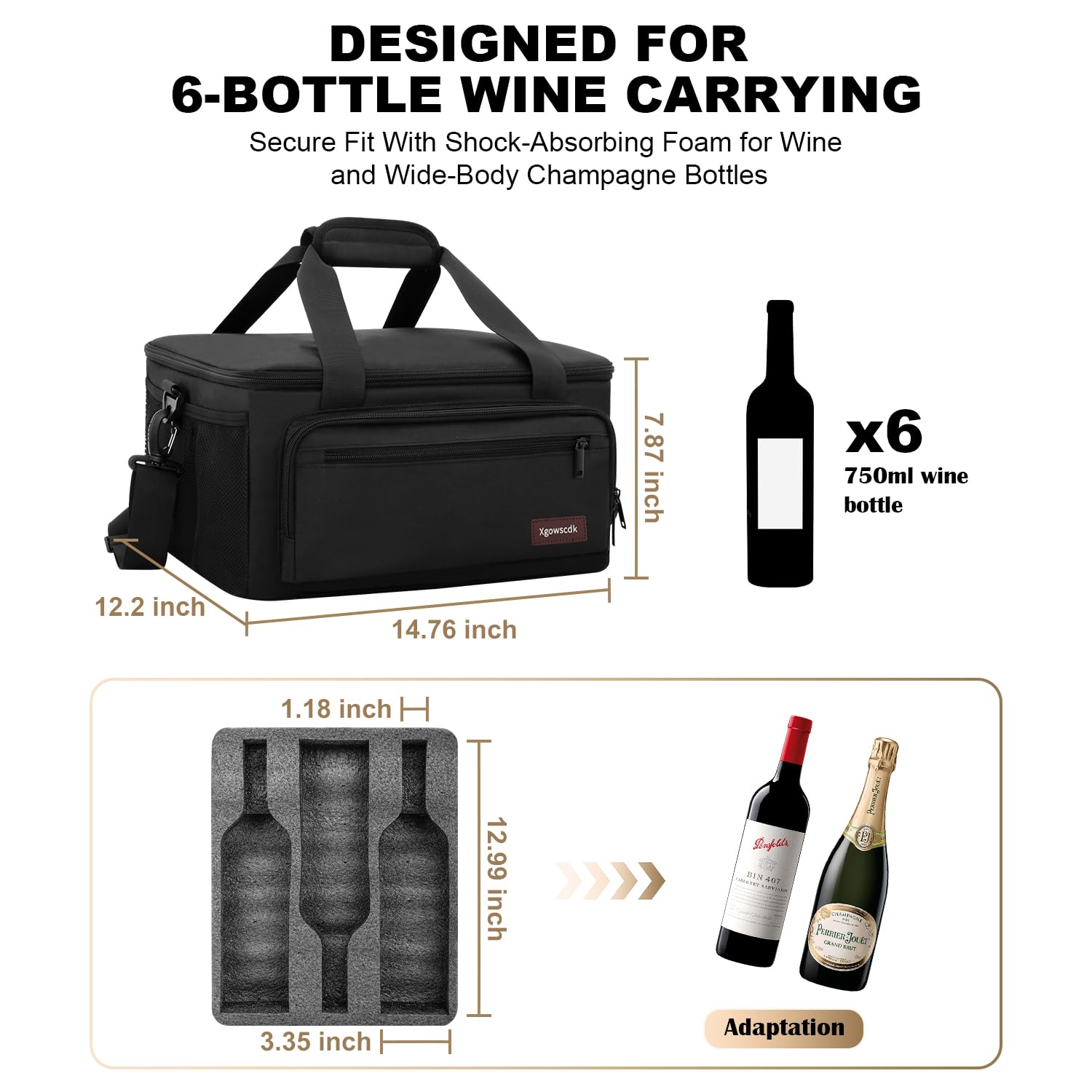 wine suitcase foam carrier with six bottle slots