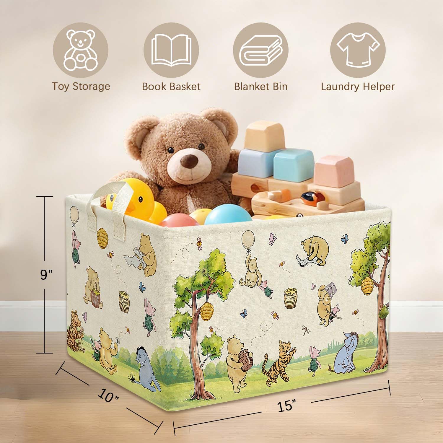 Winnie Bear nursery basket made of wipeable canvas with PE liner