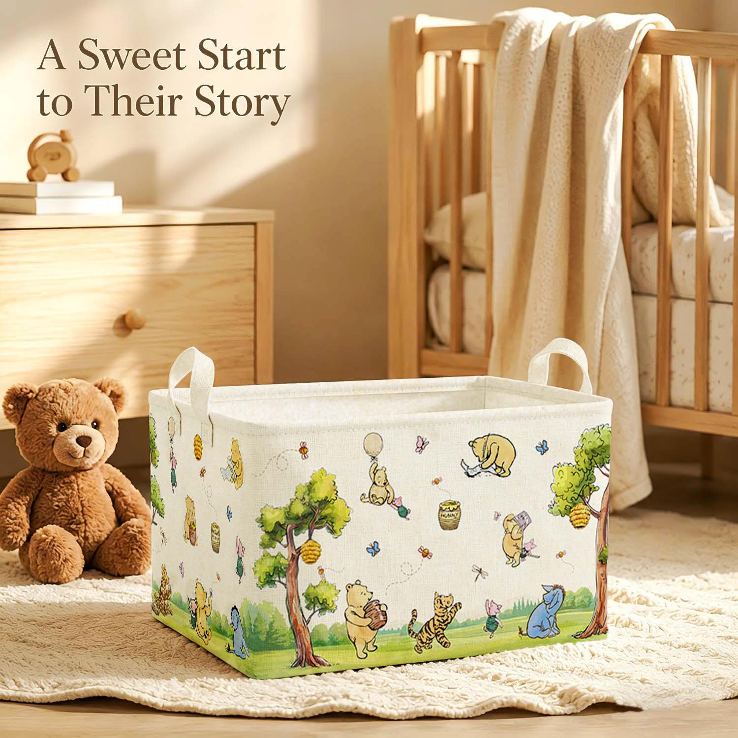 Winnie Bear storage bin in soft neutral tones for nursery