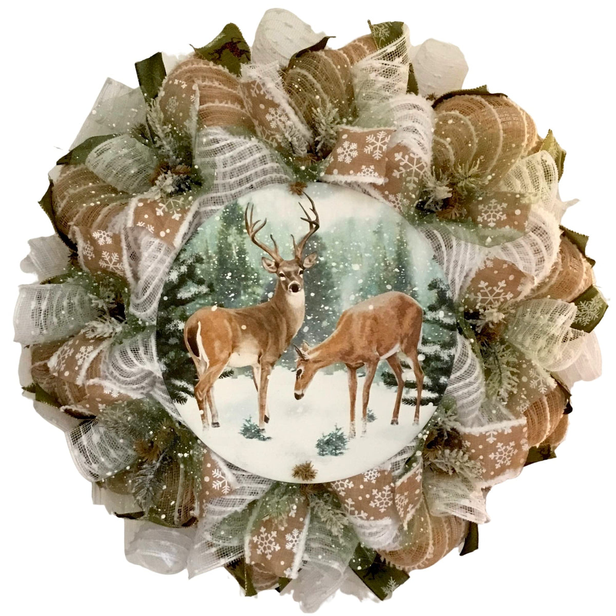 WinterWreath Deer with Iced Greenery 24 inch diameter wreath