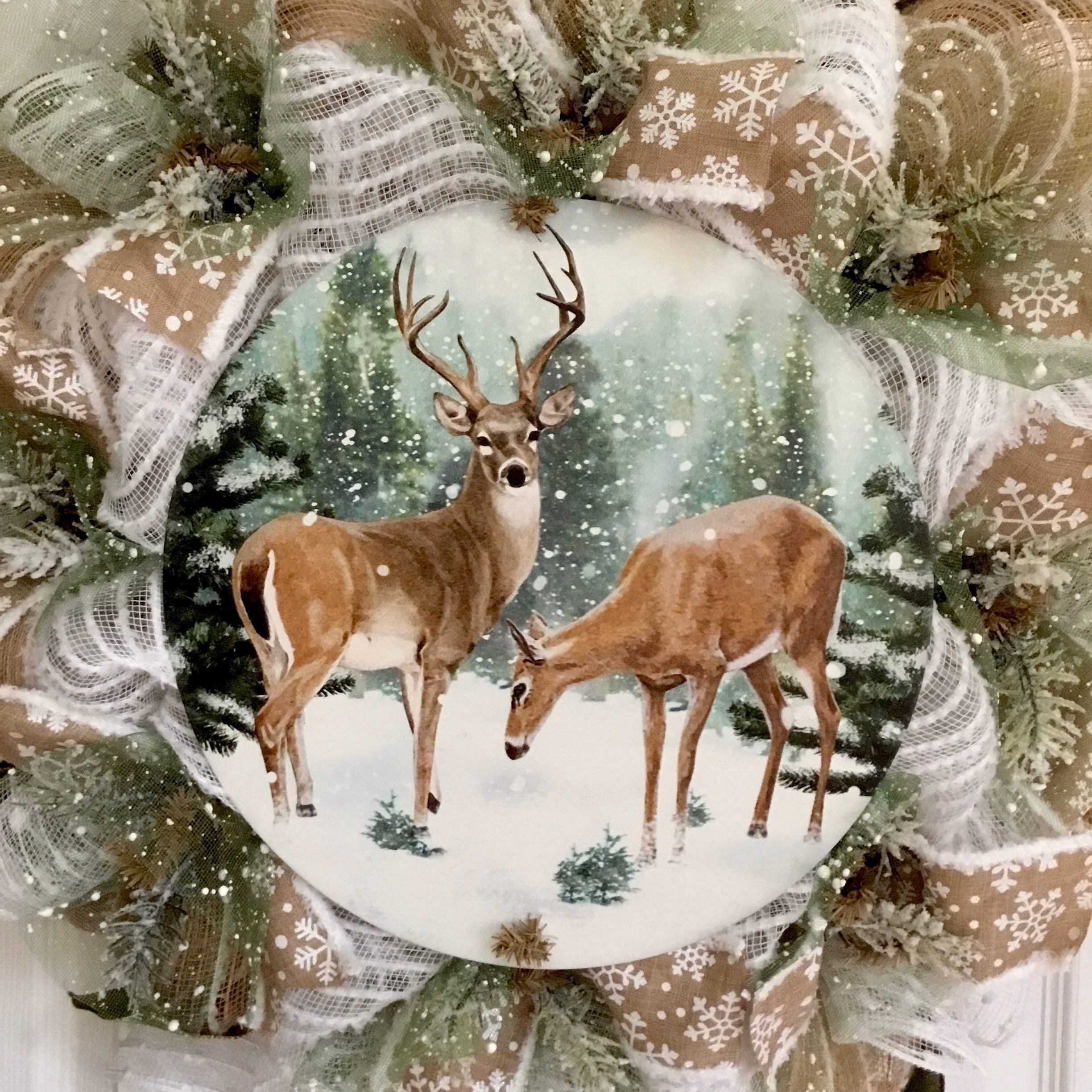 WinterWreath Deer with Iced Greenery 28 inch diameter wreath