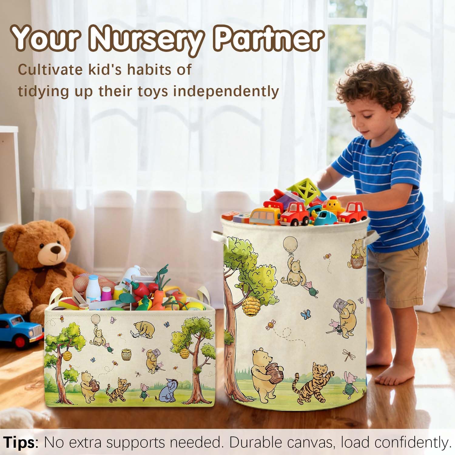 Durable Winnie Bear nursery basket designed to grow with child