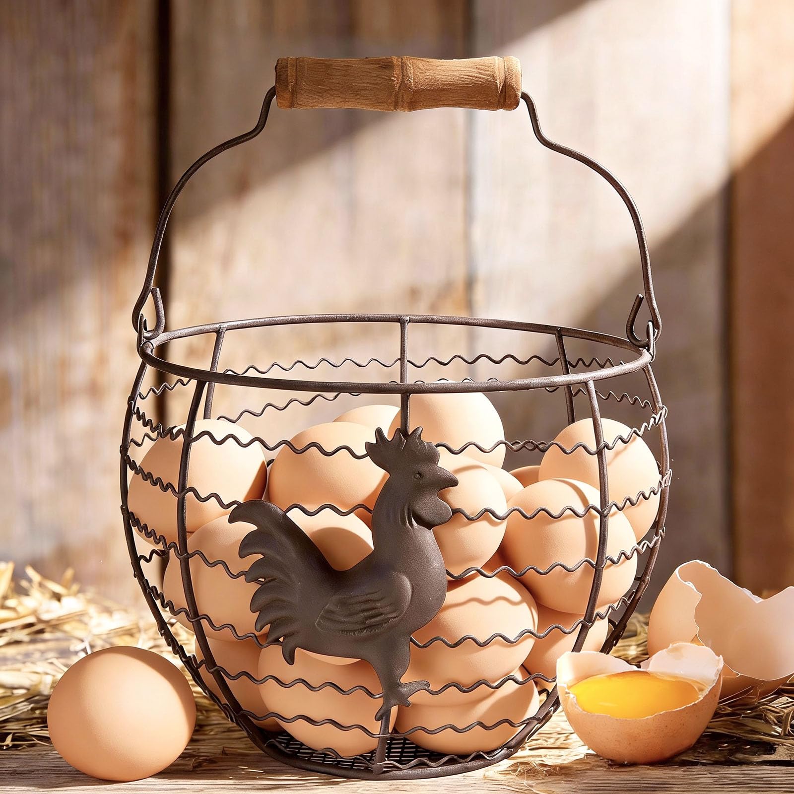 wire egg basket gathering fresh eggs with wooden handle