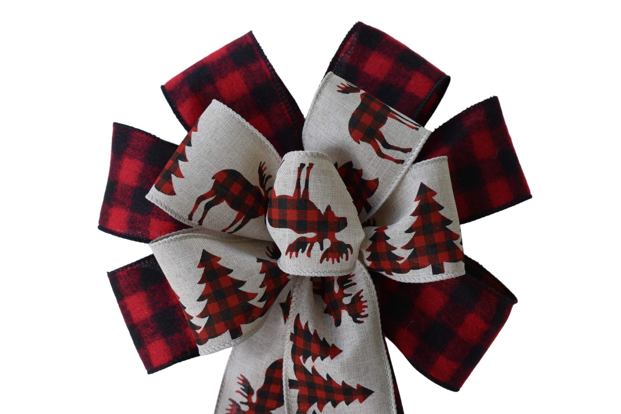 10 inch wired Christmas plaid moose wreath bow ready to attach to a wreath