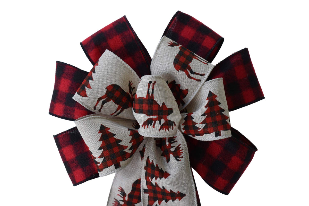 10 inch wired Christmas plaid moose wreath bow ready to attach to a wreath