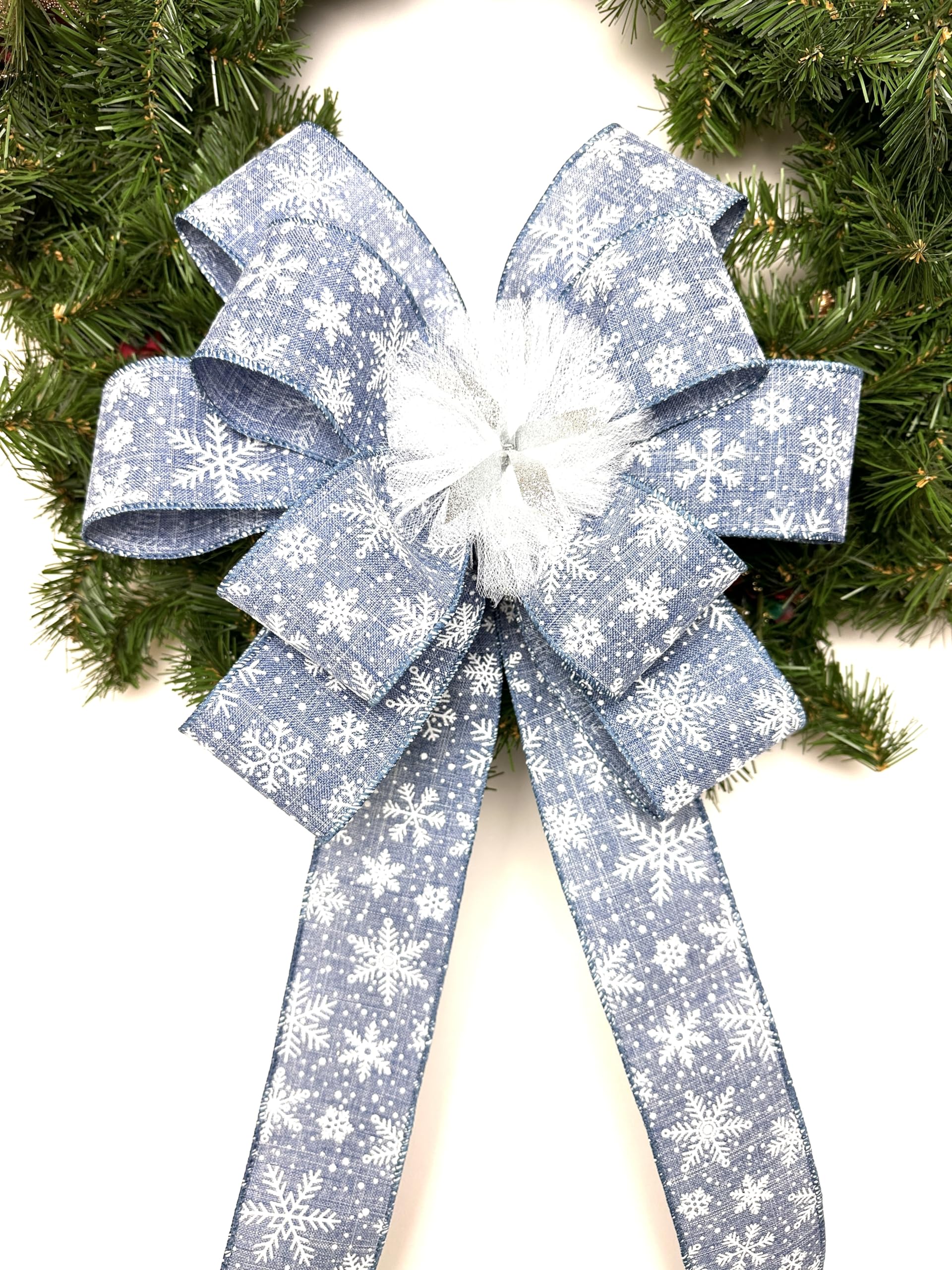 Denim blue snowflake bow ready for decorating