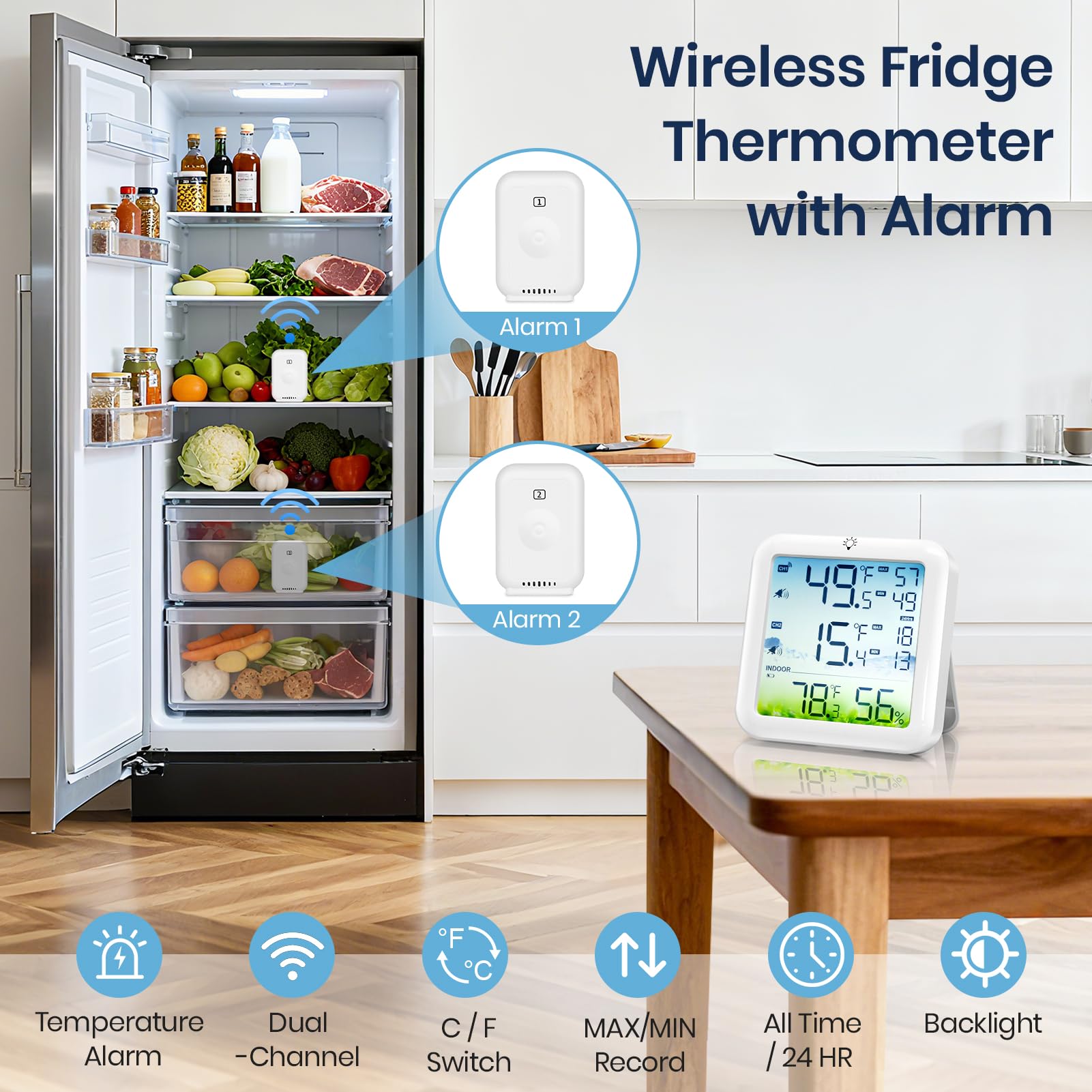Wireless freezer thermometer with 2 sensors