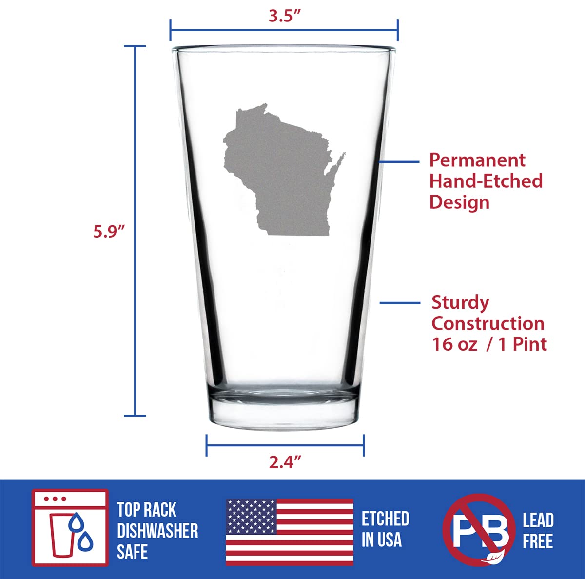 Dishwasher safe 16 oz Bevvee Wisconsin State Outline Pint Glass