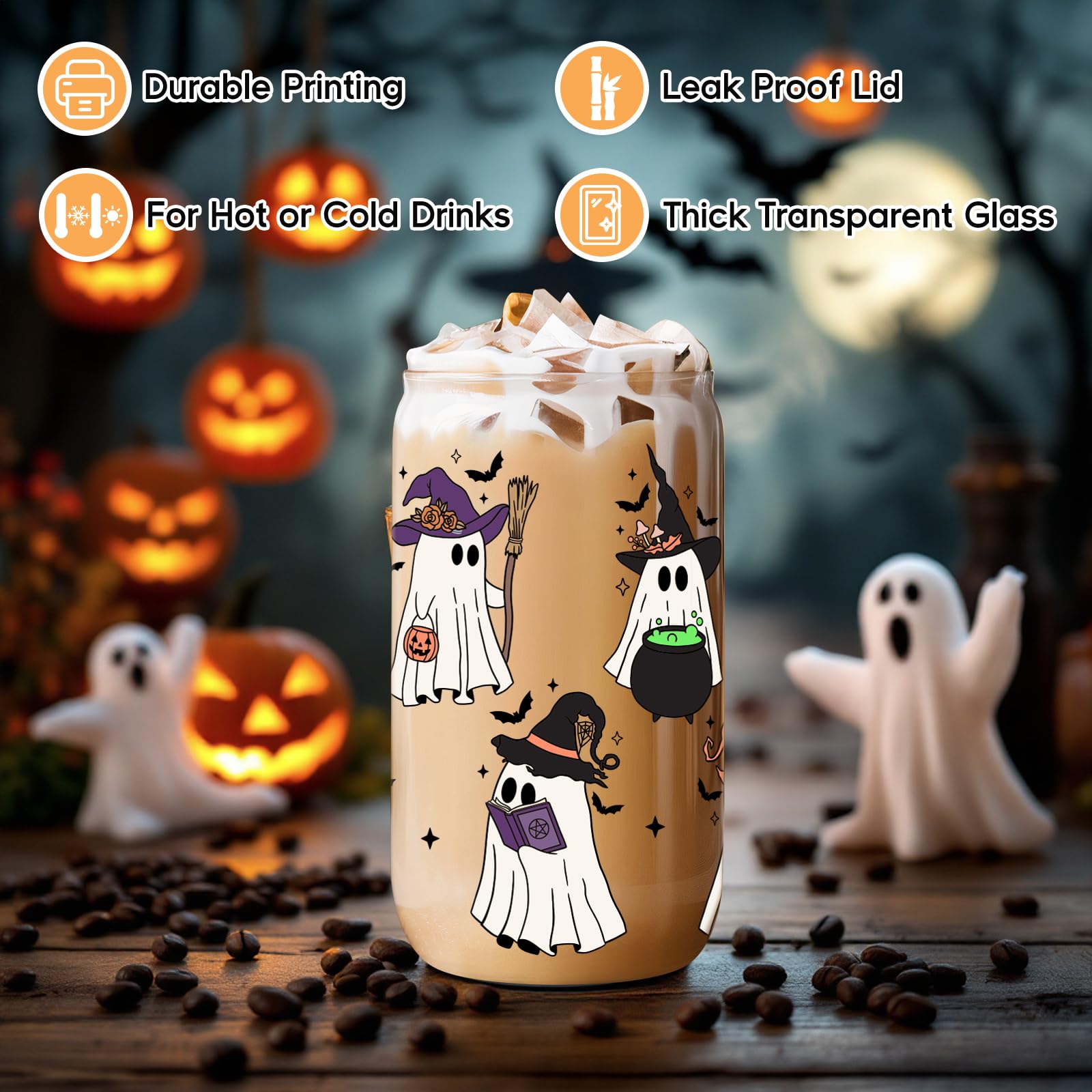 Ghost witch circle design with bats on glass cup
