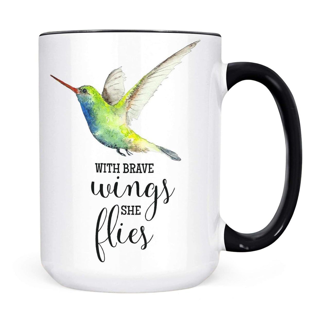 Hummingbird watercolor design on ceramic mug with text