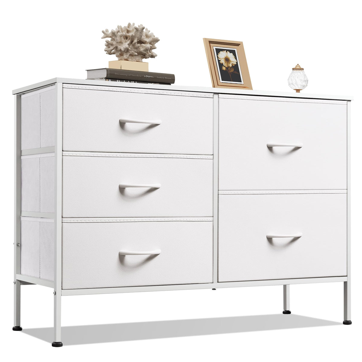 Front view of WLIVE 5 Drawer White Fabric Dresser