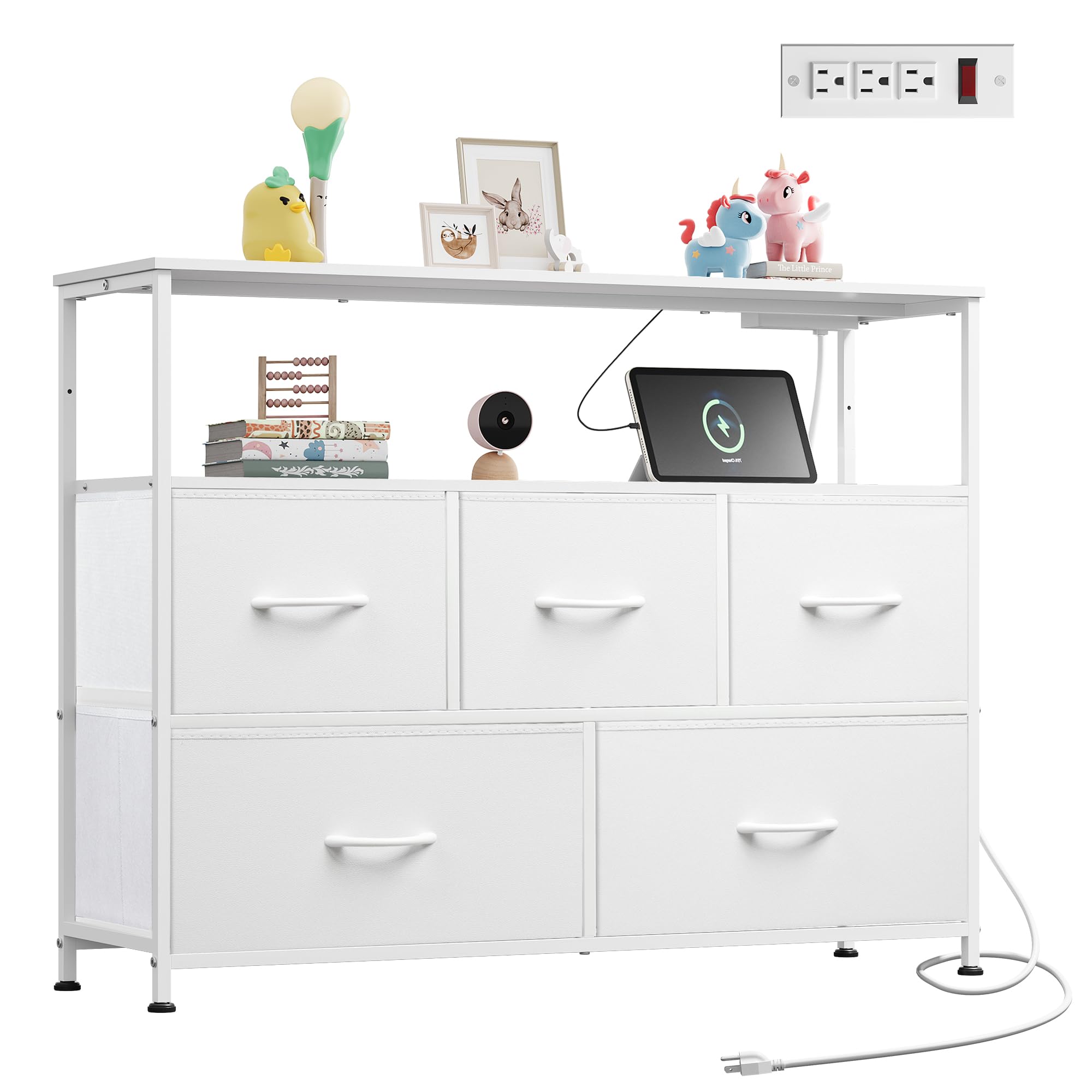WLIVE 5 Drawer White Fabric Dresser with charging station front view