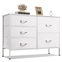 Front view of WLIVE 5 Drawer White Fabric Dresser