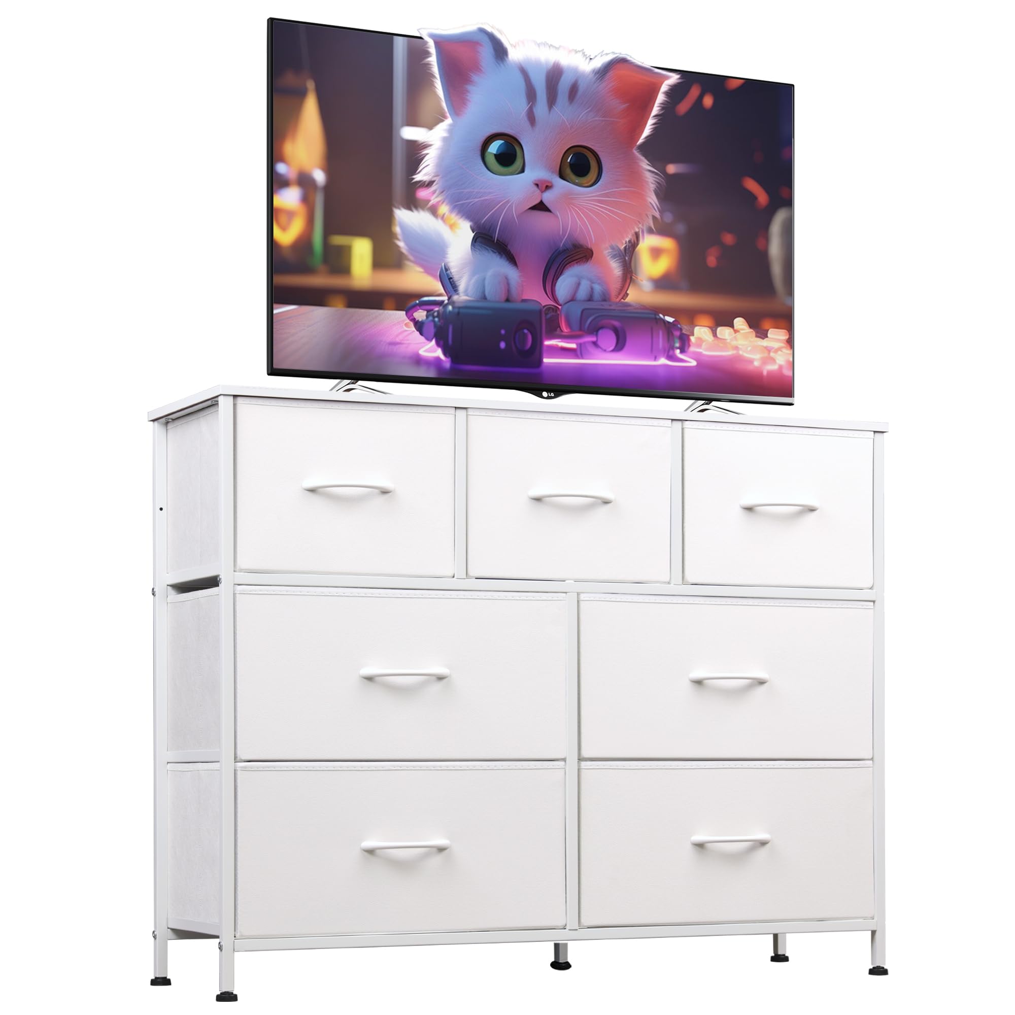 WLIVE 7 drawer dresser tv stand white wood top 39.4 L x 11.8 W x 30.5 H inches
