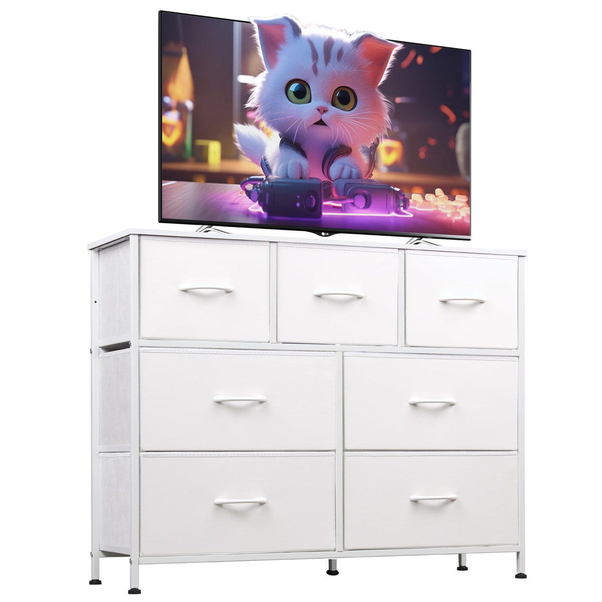 WLIVE 7 drawer dresser tv stand white wood top 39.4 L x 11.8 W x 30.5 H inches