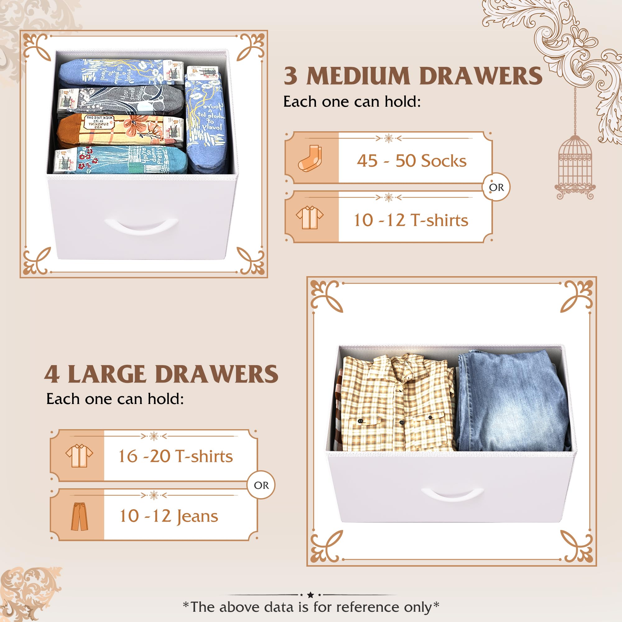 WLIVE 7 drawer dresser tv stand white fabric bins interior storage