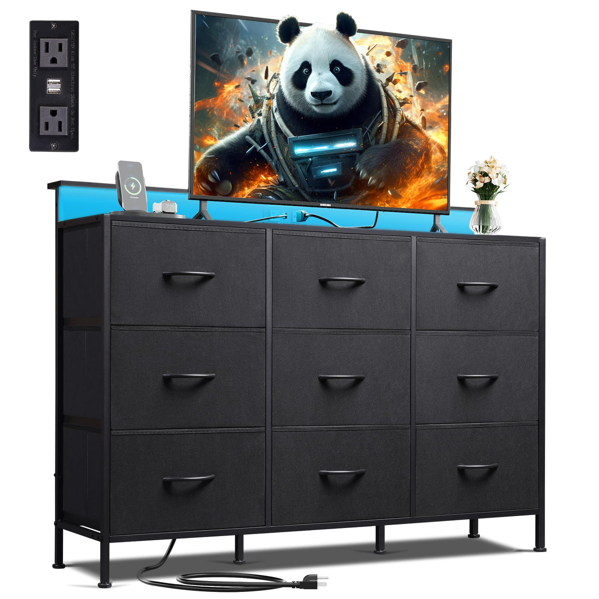 WLIVE black dresser TV stand front view with 9 fabric drawers