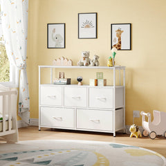 Fabric drawer chest open showing storage capacity in WLIVE dresser
