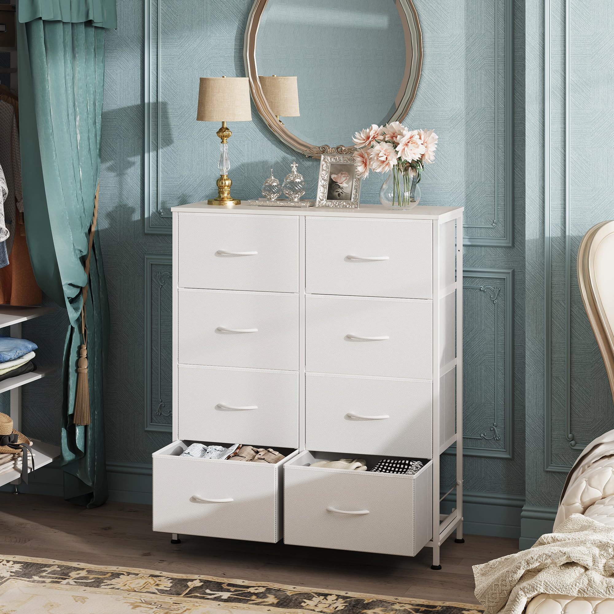 Wooden tabletop and 8-drawer arrangement on WLIVE dresser close up